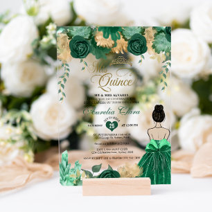Emerald Floral Princess Mis Quince Quinceañera Acrylic Invitations