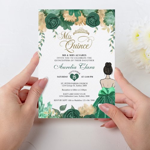 Emerald Floral Princess Mis Quince Quinceaera Invitation