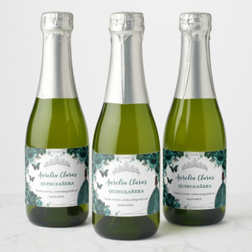 Emerald Floral Princess Quinceaera Birthday Favor Sparkling Wine Label