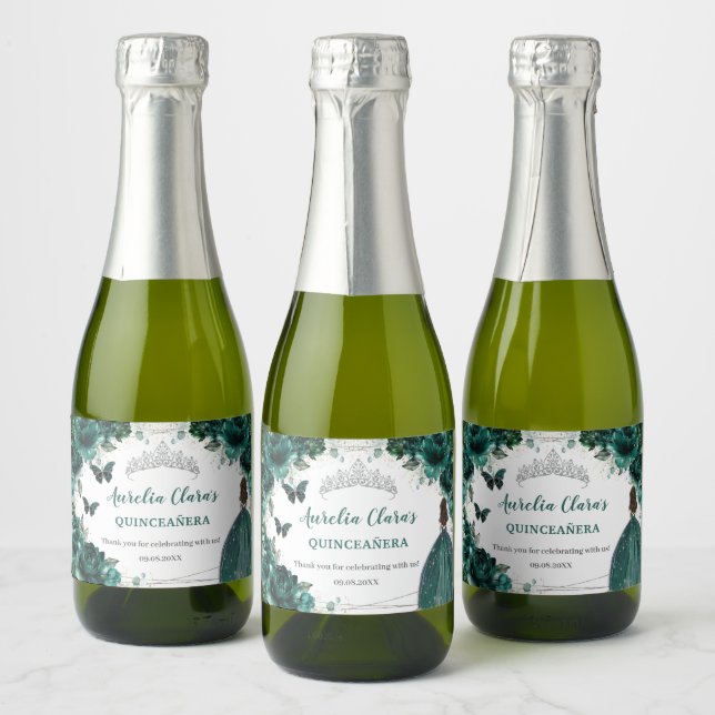 Emerald Floral Princess Quinceañera Birthday Favor Sparkling Wine Label (Bottles)