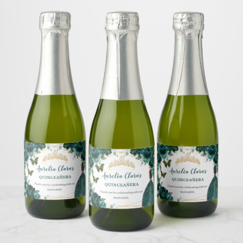 Emerald Floral Princess Quinceaera Birthday Favor Sparkling Wine Label