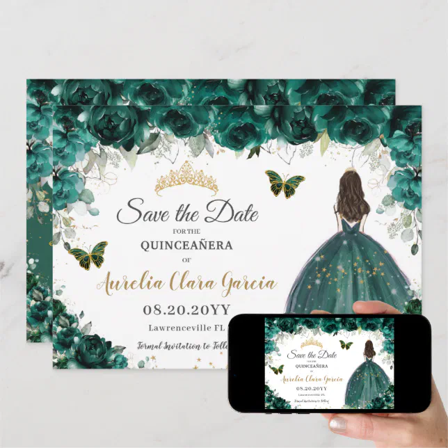 Emerald Floral Princess Quinceañera Save the Date | Zazzle