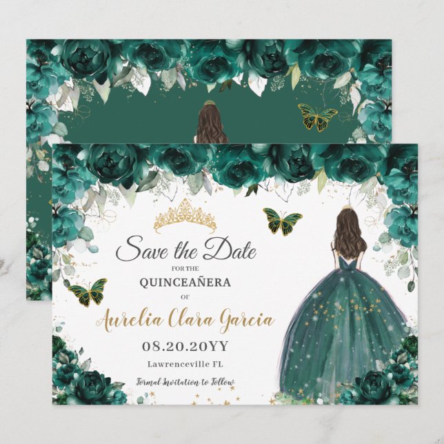 Emerald Floral Princess Quinceañera Save the Date (Front/Back)