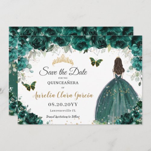 Emerald Floral Princess Quinceaera Save the Date