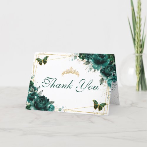 Emerald Floral Quinceaera Birthday Butterflies Thank You Card