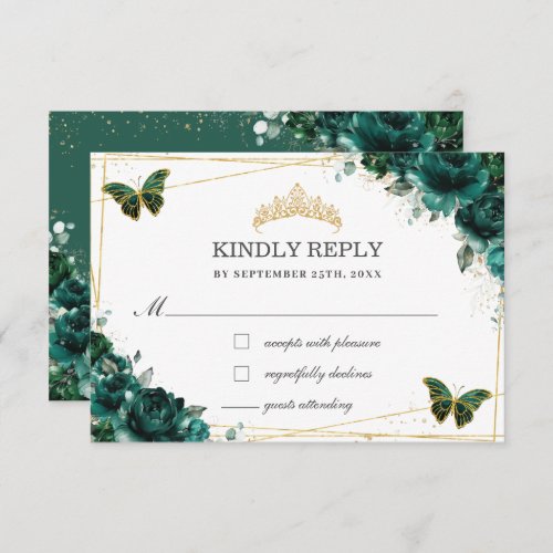 Emerald Floral Quinceaera Butterflies Reply  RSVP Card