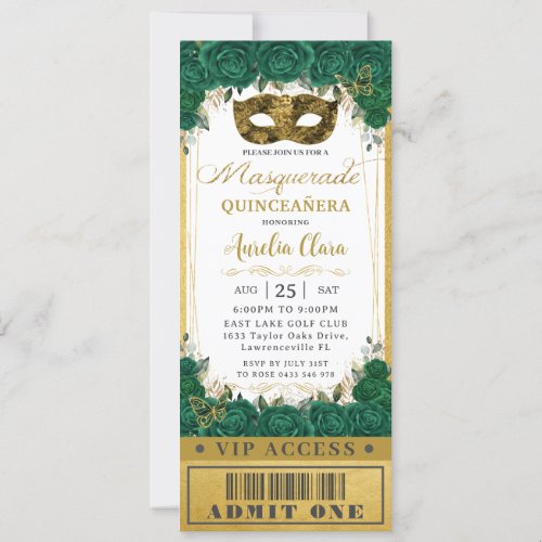 Emerald Floral Quinceaera Masquerade VIP Ticket Invitation