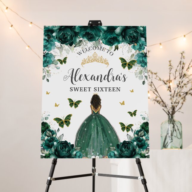 Emerald Floral Quinceañera Sweet 16 Brown Princess Foam Board (In Situ (Stand))