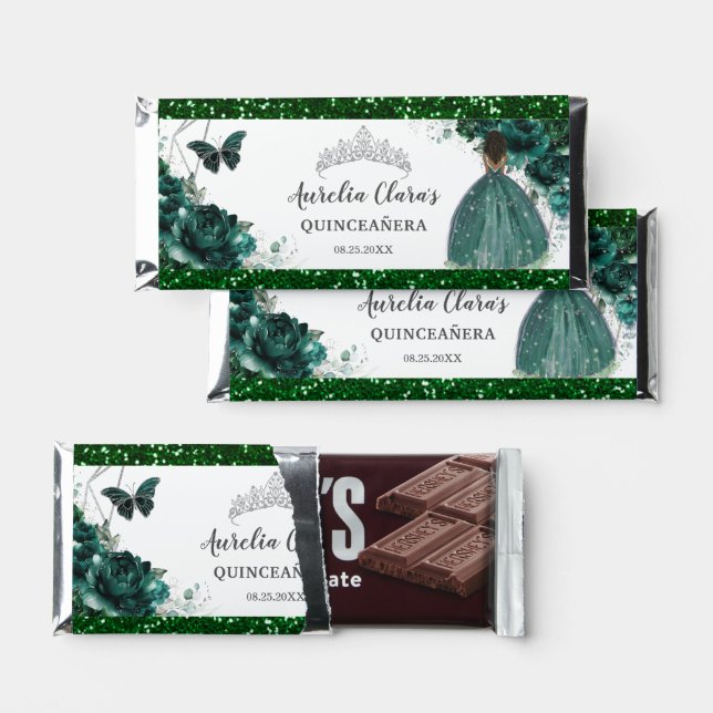 Emerald Floral Quinceañera Sweet 16 Brown Princess Hershey Bar Favors (Front)