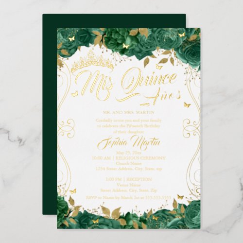 Emerald Floral Scroll Mis Quince Quinceanera  Foil Invitation