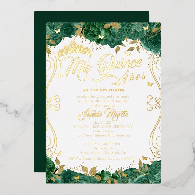 Emerald Floral Scroll Mis Quince Quinceanera  Foil Invitation (Front/Back)