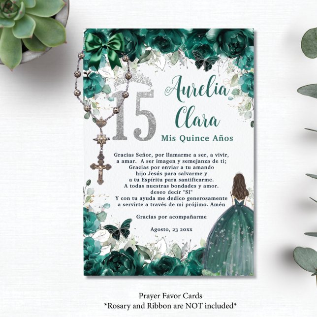 Emerald Floral Silver Quinceañera 15 Prayer Card (Creator Uploaded)