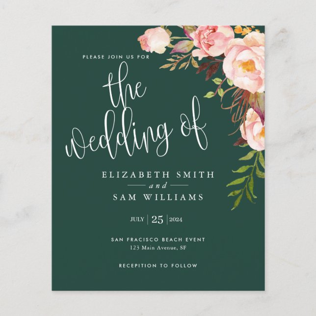 Emerald Floral Simple Wedding Invitation Budget  Flyer (Front)
