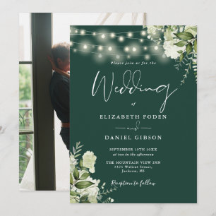 Emerald Floral String Lights Photo Wedding Invitation