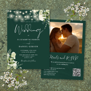 Emerald Floral String Lights QR Code Photo Wedding Invitation