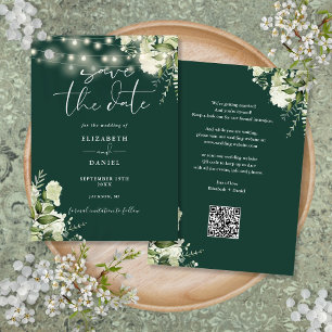 Emerald Floral String Lights QR Code Wedding Save The Date