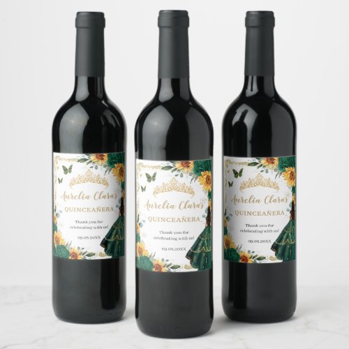 Emerald Floral Sunflowers Princess Quinceaera Wine Label