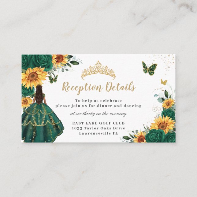 Emerald Floral Sunflowers Quinceañera Reception Enclosure Card (Front)