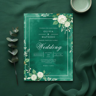 Emerald Floral Watercolor Wedding Invitation