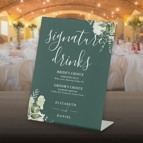 Emerald Floral Wedding Signature Drinks Pedestal Sign