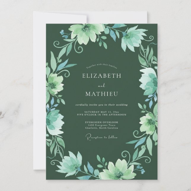 Emerald Floral Whimsical Wedding Invitation (Front)