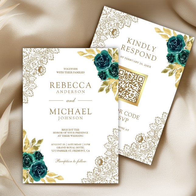 Emerald Floral White Gold Lace QR Code Wedding Invitation (Creator Uploaded)
