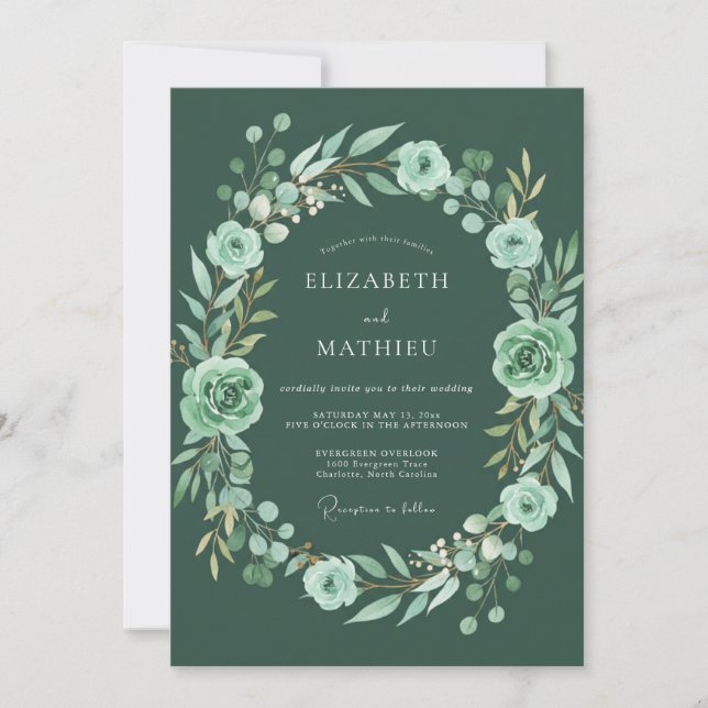 Emerald Floral Wreath Wedding Invitation (Front)