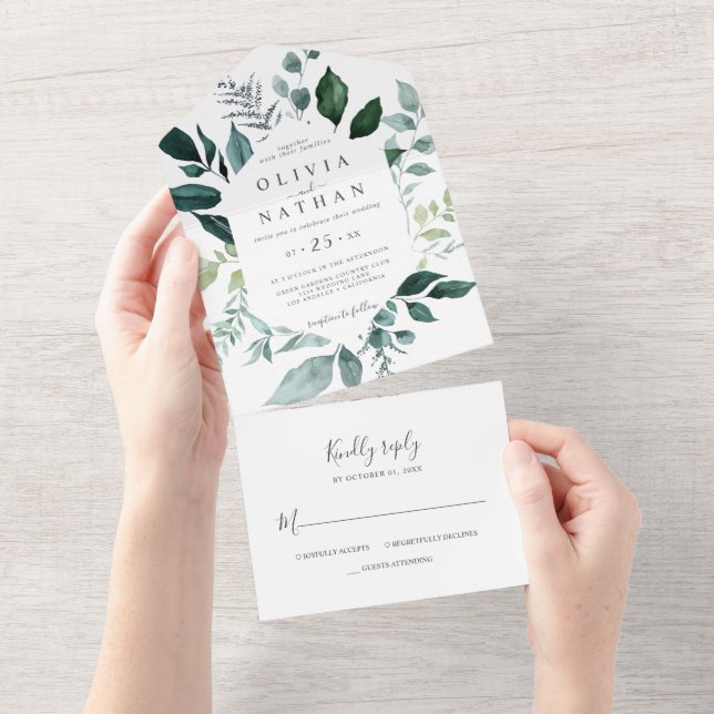 Emerald Foliage Greenery Leaves Wedding All In One All In One Invitation (Tearaway)