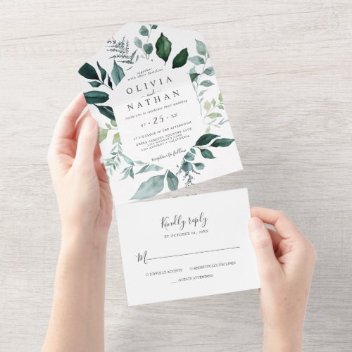 Emerald Foliage Greenery Leaves Wedding All In One All In One Invitation