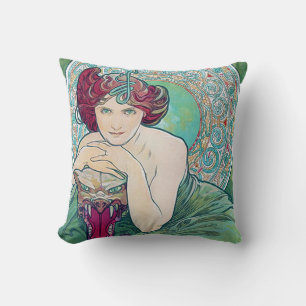Emerald (Four Jewels), Alphonse Mucha Throw Pillow