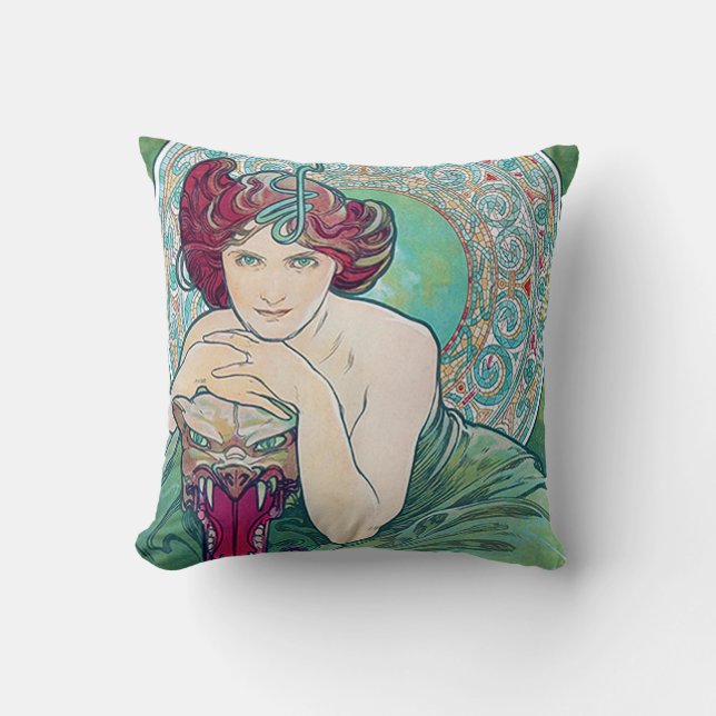 Emerald (Four Jewels), Alphonse Mucha Throw Pillow (Front)