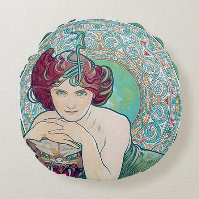 Emerald (Four Jewels), Alphonse Mucha Throw Pillow (Front)