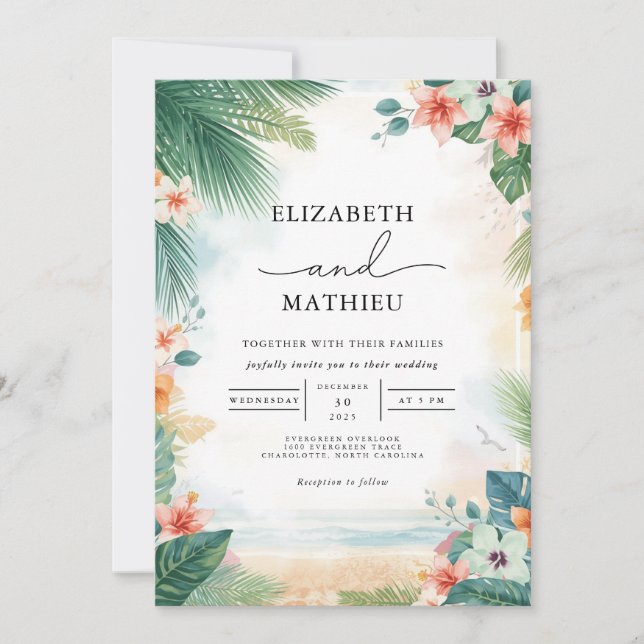 Emerald Frond Coral Bloom Wedding Invitation (Front)