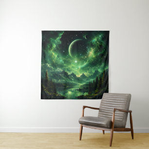 Emerald Galaxy Night Sky Over Mountain Forest Tapestry