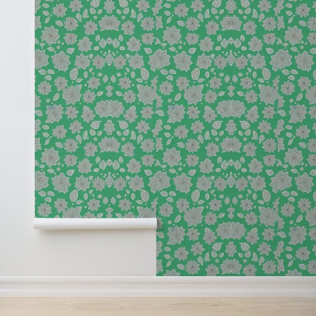 Emerald Garden: Whimsical White Floral Pattern Wallpaper (Application)