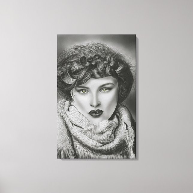 Emerald Gaze - Surreal Charcoal Portrait Art Canvas Print (Front)