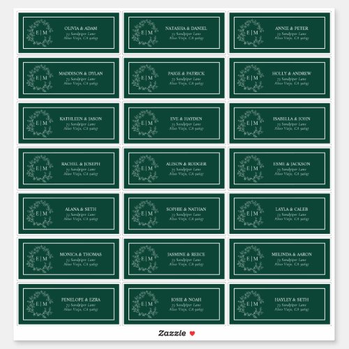 Emerald Geen Leafy Crest Monogram Guest Address Sticker