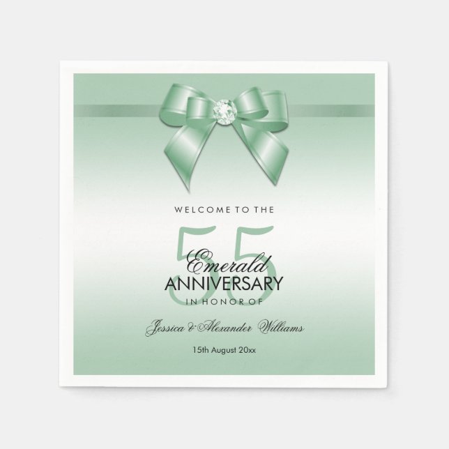Emerald Gem Bow & Ribbon 55th Wedding Anniversary Napkins (Front)
