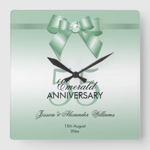 Emerald Gem Bow & Ribbon 55th Wedding Anniversary Square Wall Clock