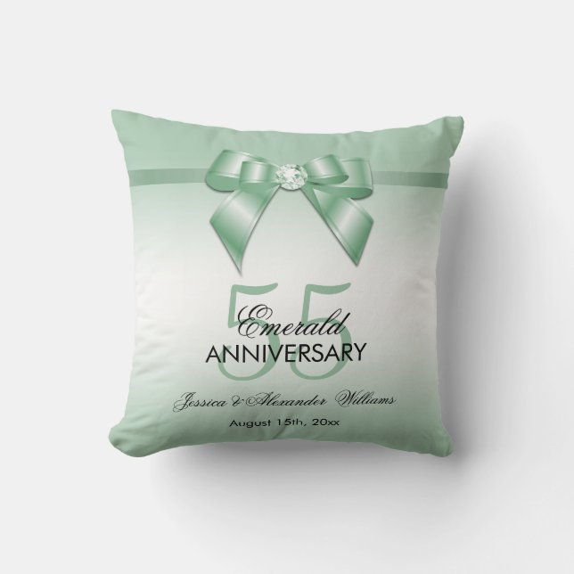 Emerald Gem Bow & Ribbon 55th Wedding Anniversary Throw Pillow (Front)