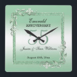 Emerald Gem & Glitter 55th Wedding Anniversary  Square Wall Clock<br><div class="desc">Glamorous and elegant posh 55th Emerald Wedding Anniversary wall clock with stylish emerald green gem stone jewels corner antique decorations and matching colored glitter border frame. A romantic design for your celebration. All text, font and font color is fully customizable to meet your requirements. If you would like help to...</div>