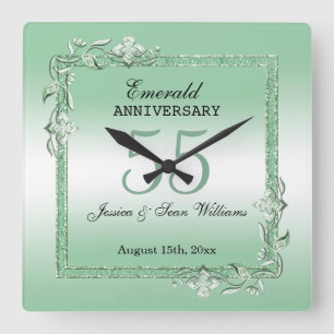 Emerald Gem & Glitter 55th Wedding Anniversary  Square Wall Clock