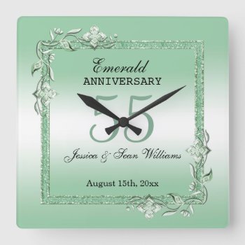 Emerald Gem & Glitter 55th Wedding Anniversary  Square Wall Clock by shm_graphics at Zazzle