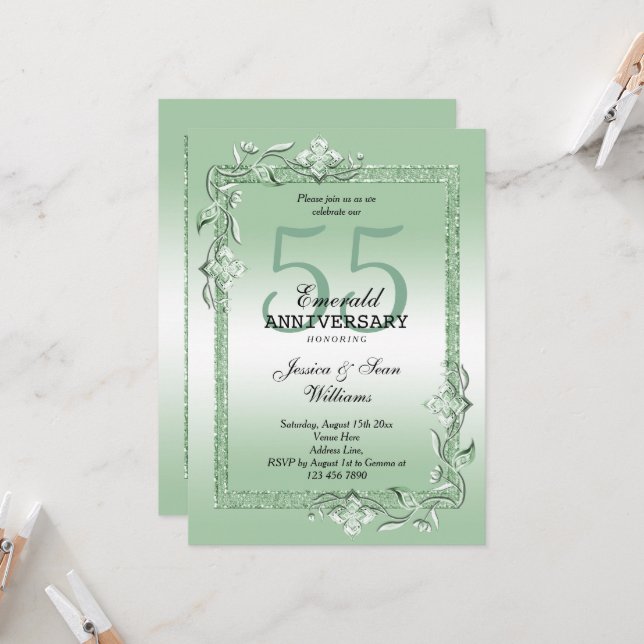 Emerald Gem & Glitter 55th Wedding Invitation (Front/Back In Situ)