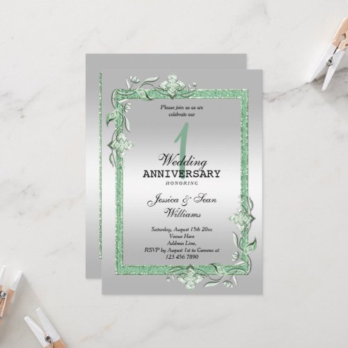 Emerald Gem  Glitter  Silver 1st Wedding Invitat Invitation