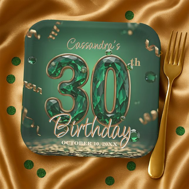 Emerald Gemstone Gold Glitter 30th Birthday  Paper Plates (Creator Uploaded)