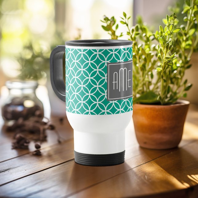 Emerald Geometric Pattern with Monograms Travel Mug (Personalized travel mug - add photos and text or customize completely)
