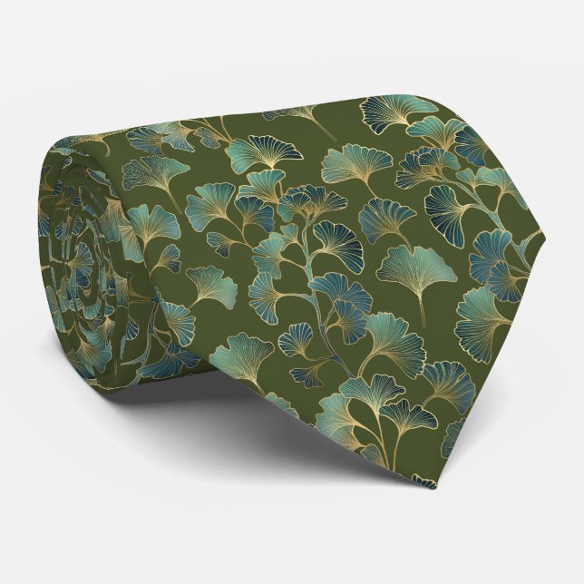 Emerald Ginkgo Elegance – Luxury Gold Botanical 1 Neck Tie (Rolled)