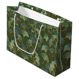 Emerald Ginkgo Elegance – Luxury Gold Botanical Large Gift Bag