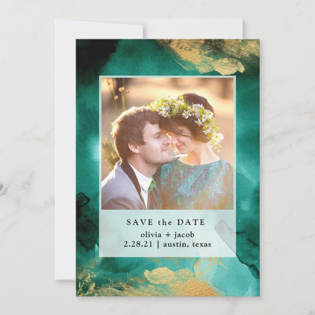 Emerald Glamour | Watercolor and Gold Photo Save The Date (Front)